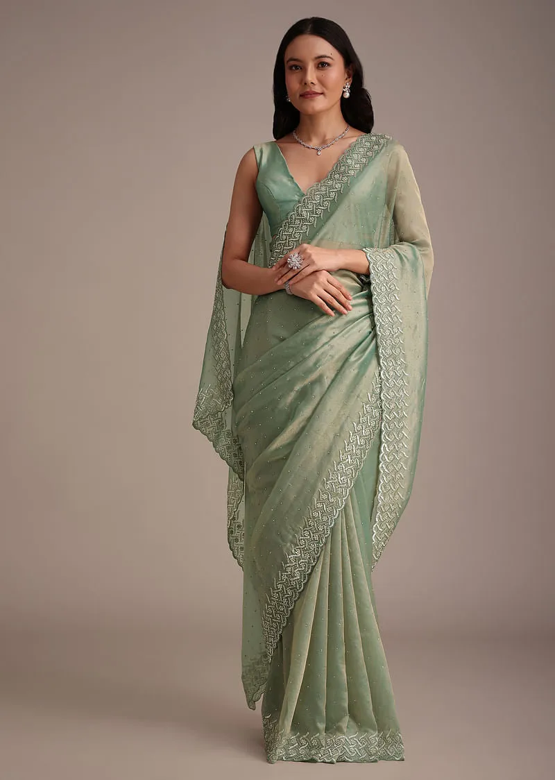 Sea Green Tissue Saree With Cutdana And Stone Embroidery