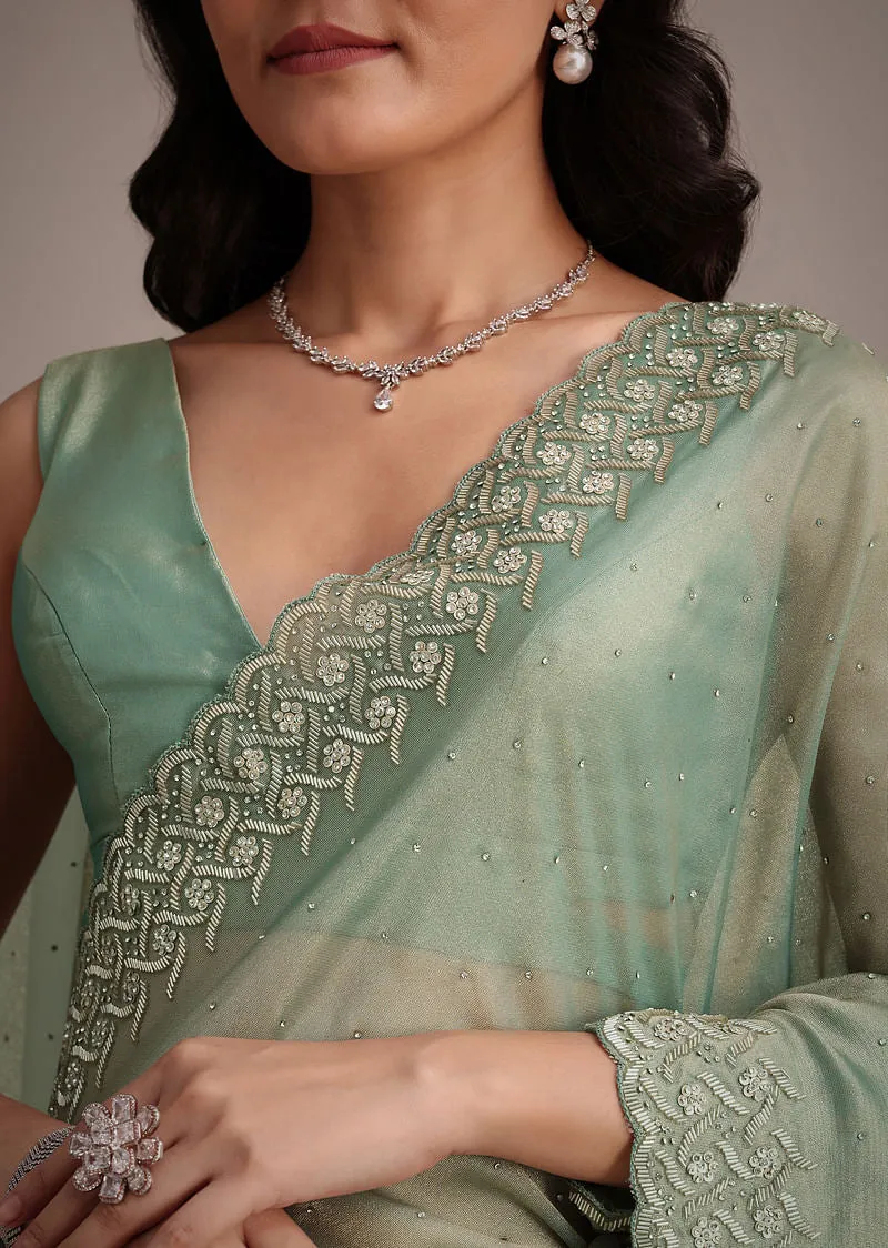 Sea Green Tissue Saree With Cutdana And Stone Embroidery