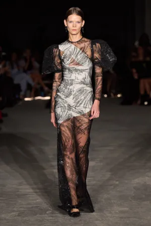 Sequin Sparkle Swirl Puff Sleeve Gown