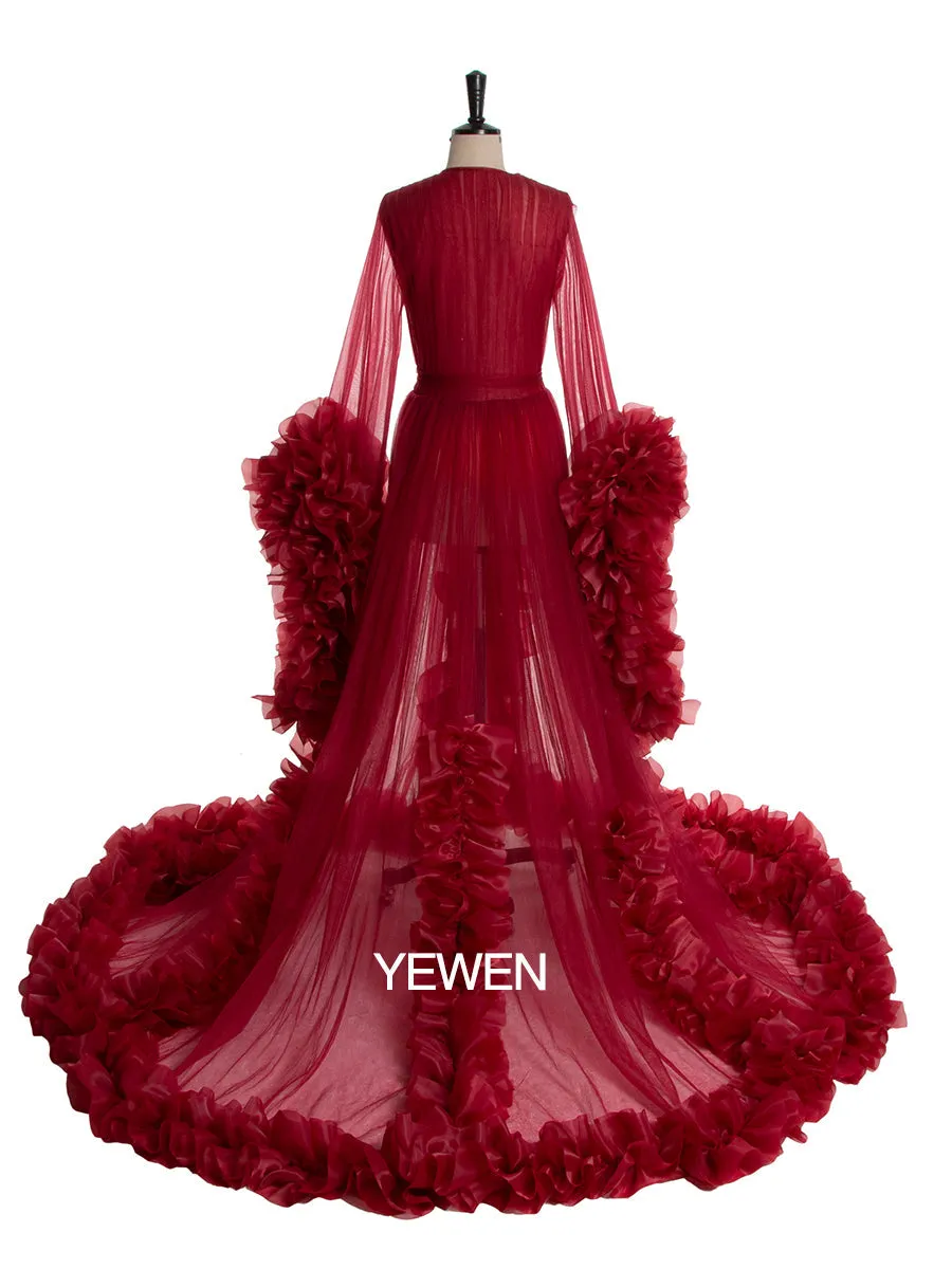 Sexy Evening Dress Long Sleeve Women V Neck Ruffled Ball Gown Dress