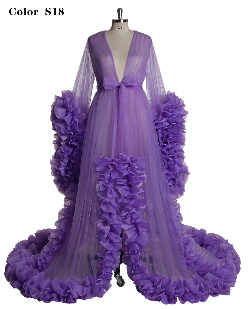 Sexy Evening Dress Long Sleeve Women V Neck Ruffled Ball Gown Dress