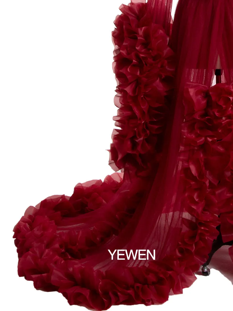 Sexy Evening Dress Long Sleeve Women V Neck Ruffled Ball Gown Dress