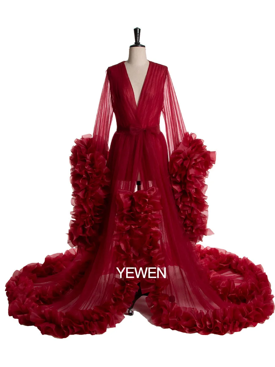 Sexy Evening Dress Long Sleeve Women V Neck Ruffled Ball Gown Dress