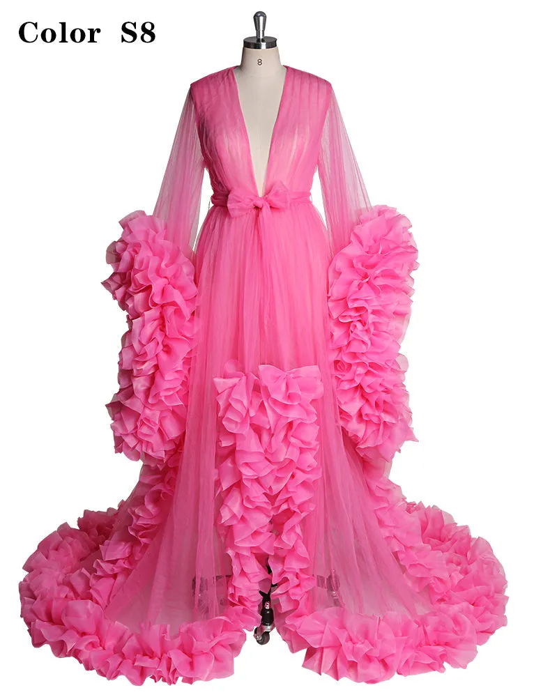 Sexy Evening Dress Long Sleeve Women V Neck Ruffled Ball Gown Dress