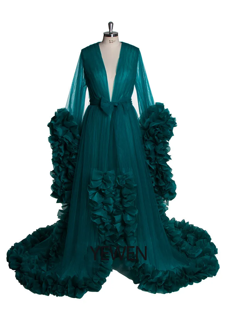 Sexy Evening Dress Long Sleeve Women V Neck Ruffled Ball Gown Dress