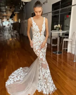 Sexy Lace Mermaid Wedding Dress Plunging V-Neck Boho Bridal Gown Backless Court Train Custom Vestido De Noiva vestido de noiva
