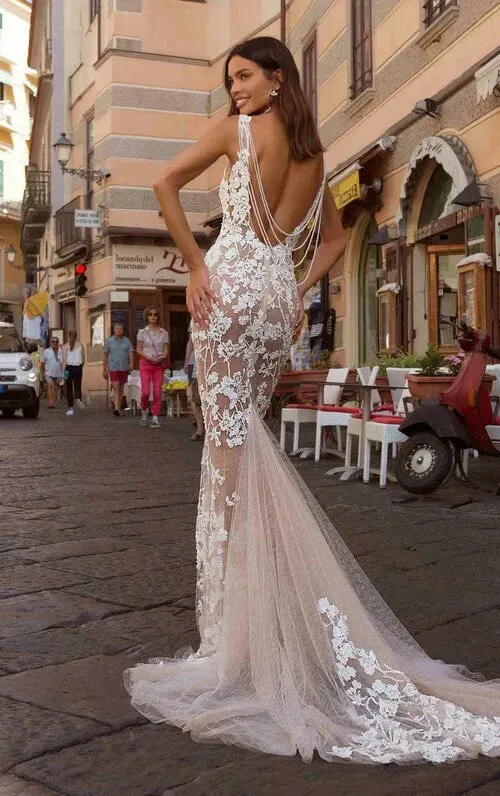 Sexy Lace Mermaid Wedding Dress Plunging V-Neck Boho Bridal Gown Backless Court Train Custom Vestido De Noiva vestido de noiva