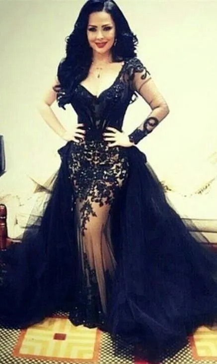 Sexy Long Sleeve Court Train Tulle Lace Appliques Evening Dress 2016-318399