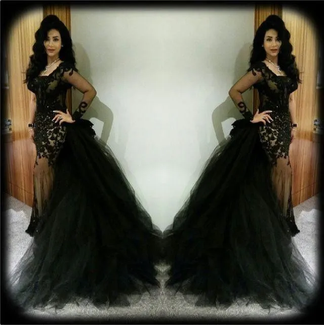 Sexy Long Sleeve Court Train Tulle Lace Appliques Evening Dress 2016-318399