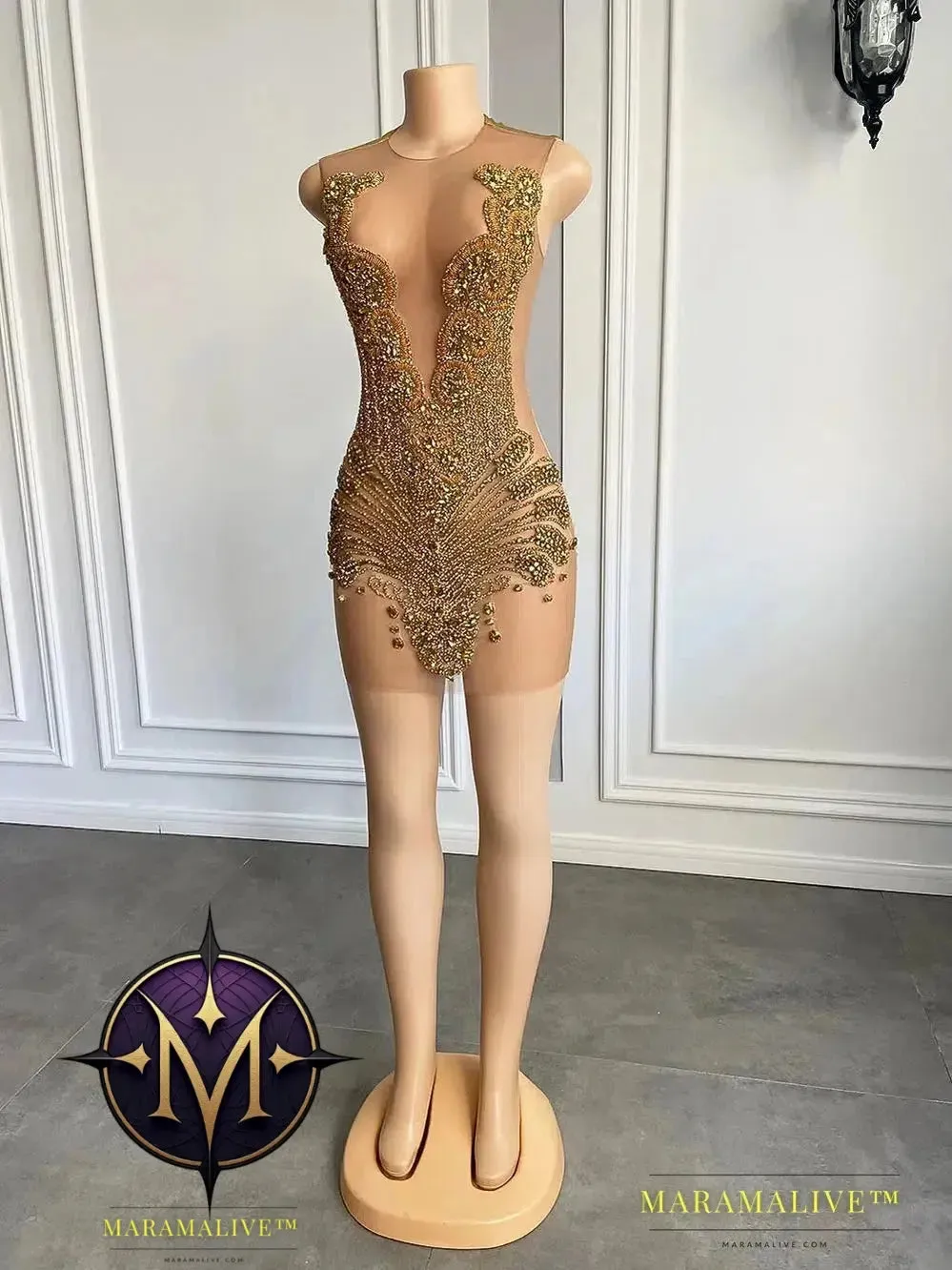 Sexy Sheer See Through Black - Girl Short Prom Dress Golden Diamond Luxury Beaded Crystals Women Cocktail Party Gowns For Birthday