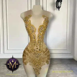 Sexy Sheer See Through Black - Girl Short Prom Dress Golden Diamond Luxury Beaded Crystals Women Cocktail Party Gowns For Birthday