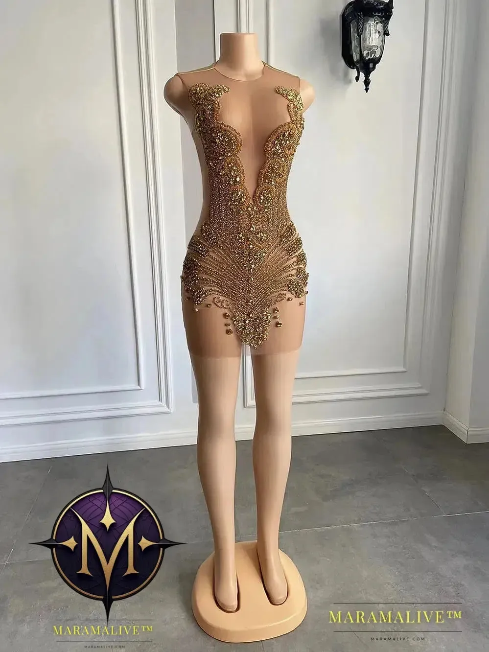 Sexy Sheer See Through Black - Girl Short Prom Dress Golden Diamond Luxury Beaded Crystals Women Cocktail Party Gowns For Birthday