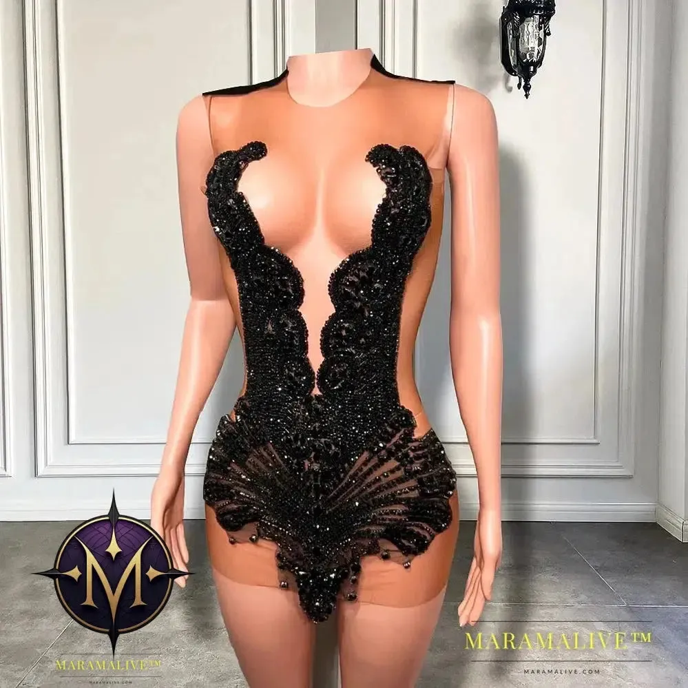 Sexy Sheer See Through Black - Girl Short Prom Dress Golden Diamond Luxury Beaded Crystals Women Cocktail Party Gowns For Birthday