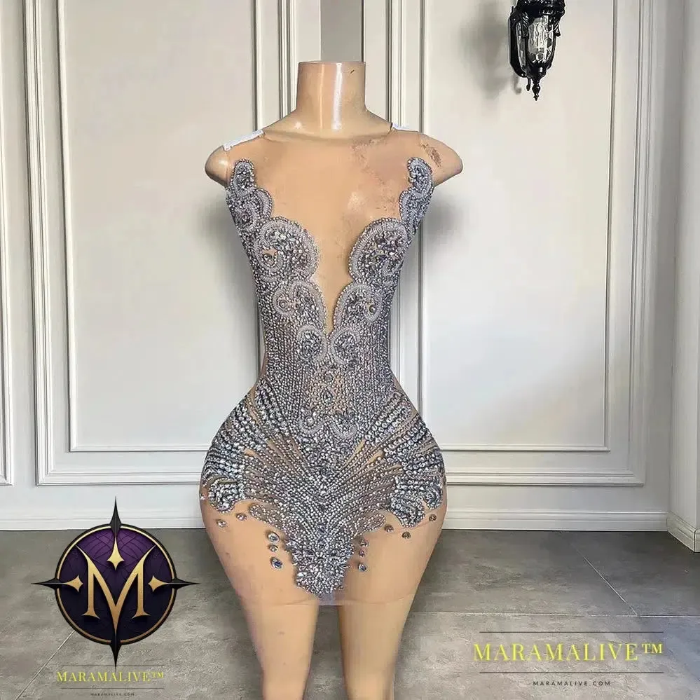 Sexy Sheer See Through Black - Girl Short Prom Dress Golden Diamond Luxury Beaded Crystals Women Cocktail Party Gowns For Birthday