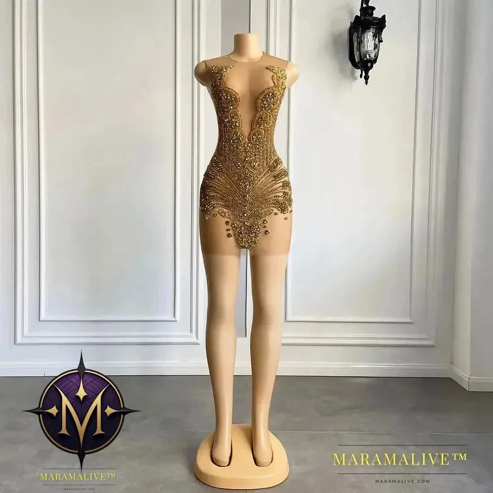 Sexy Sheer See Through Black - Girl Short Prom Dress Golden Diamond Luxury Beaded Crystals Women Cocktail Party Gowns For Birthday