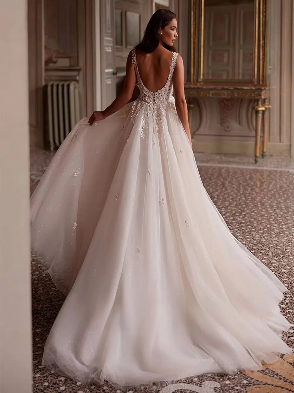 Sexy Wedding Dress Vestido De Noiva Customized Deep V Neck Sleeveless Applique Tulle High Split Bridal Gown for Bride
