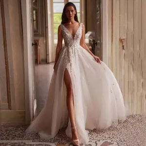Sexy Wedding Dress Vestido De Noiva Customized Deep V Neck Sleeveless Applique Tulle High Split Bridal Gown for Bride