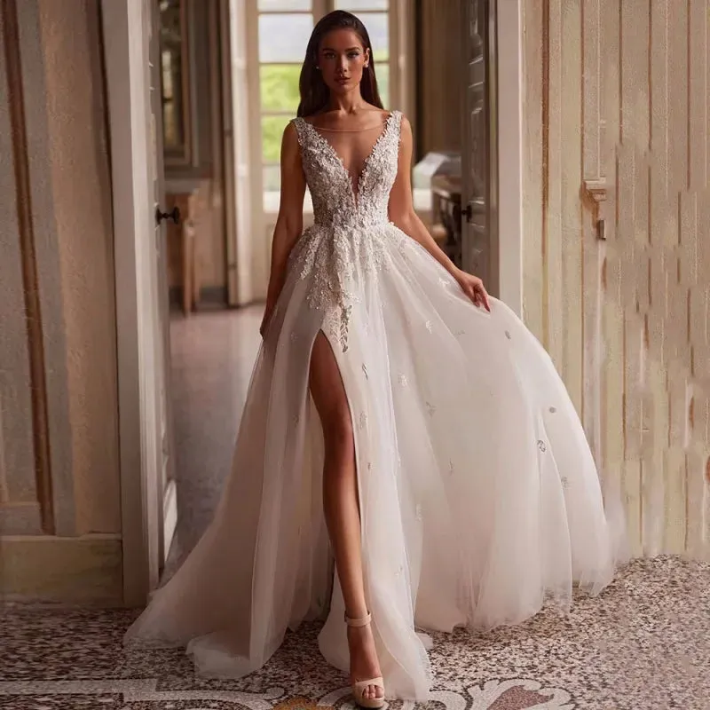 Sexy Wedding Dress Vestido De Noiva Customized Deep V Neck Sleeveless Applique Tulle High Split Bridal Gown for Bride