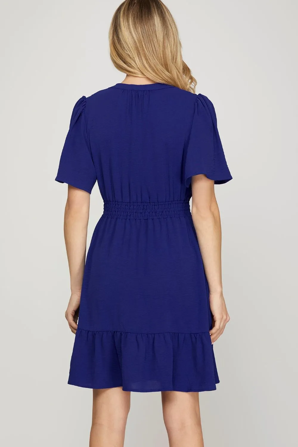 She   Sky Ruffled Hem Notched Flutter Sleeve Mini Dress