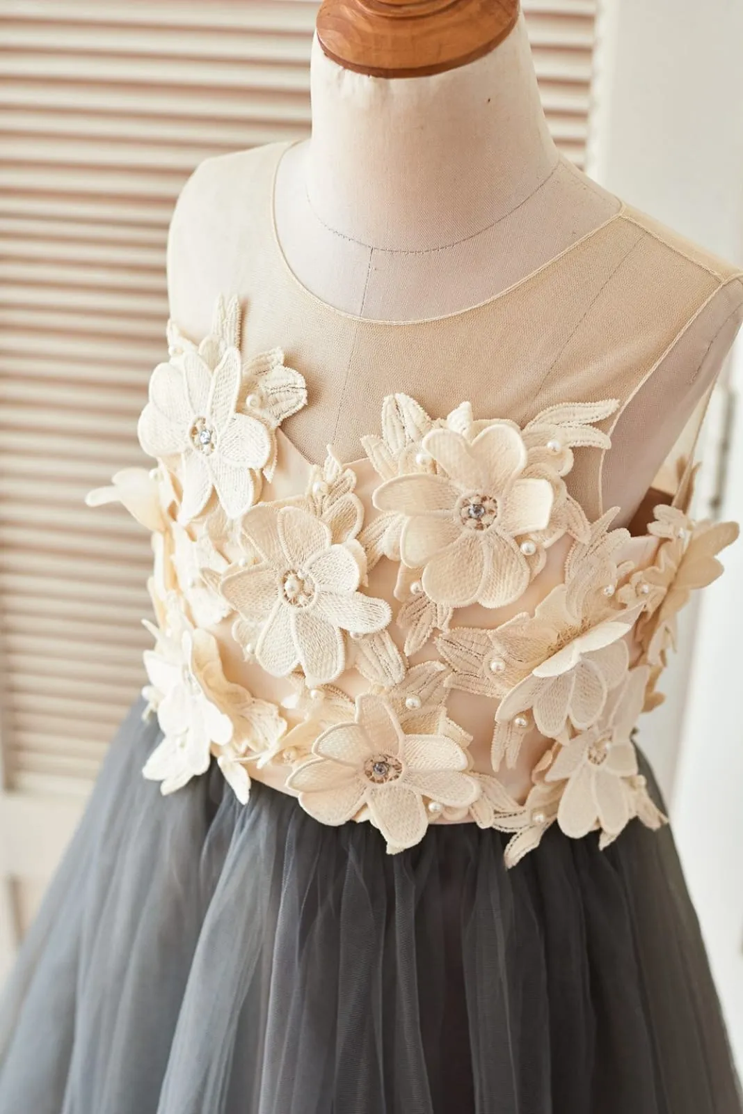Sheer Illusion Neck Gray Tulle Wedding Flower Girl Dress, 3D Flowers