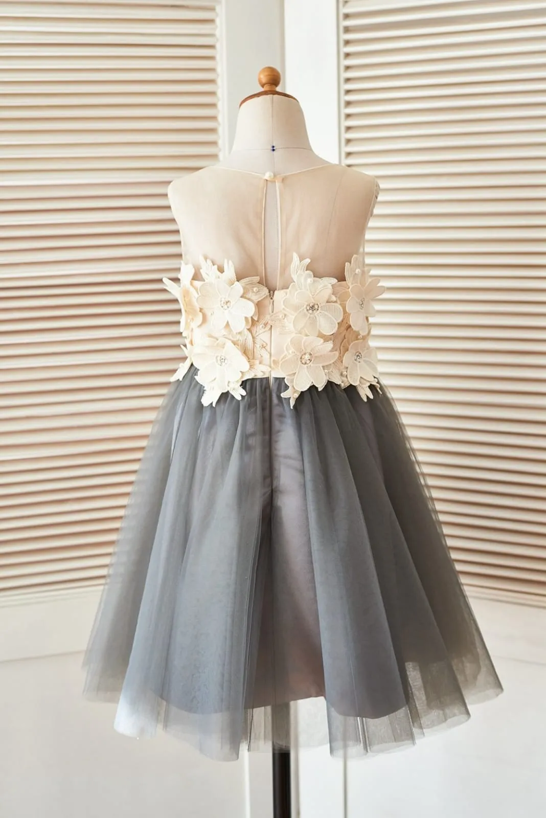 Sheer Illusion Neck Gray Tulle Wedding Flower Girl Dress, 3D Flowers