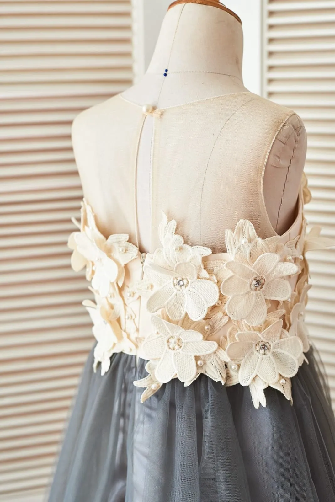 Sheer Illusion Neck Gray Tulle Wedding Flower Girl Dress, 3D Flowers