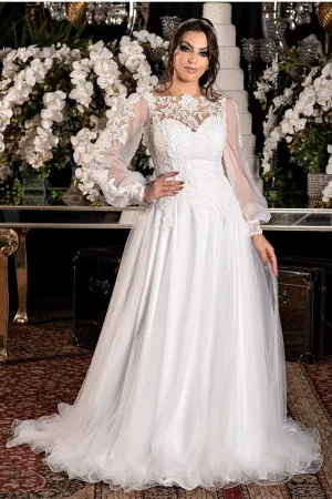 Sheer Long Sleeve Lace Wedding Dress with Tulle Skirt