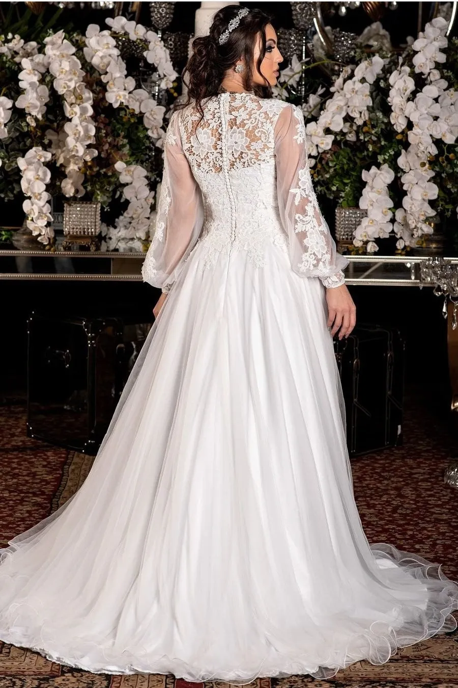 Sheer Long Sleeve Lace Wedding Dress with Tulle Skirt