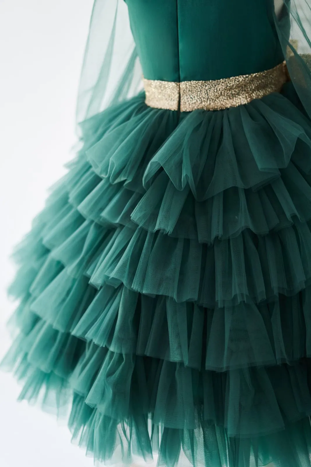 Sheer Long Sleeves Green Tulle Cupcake Wedding Flower Girl Dress Kids Party Dress