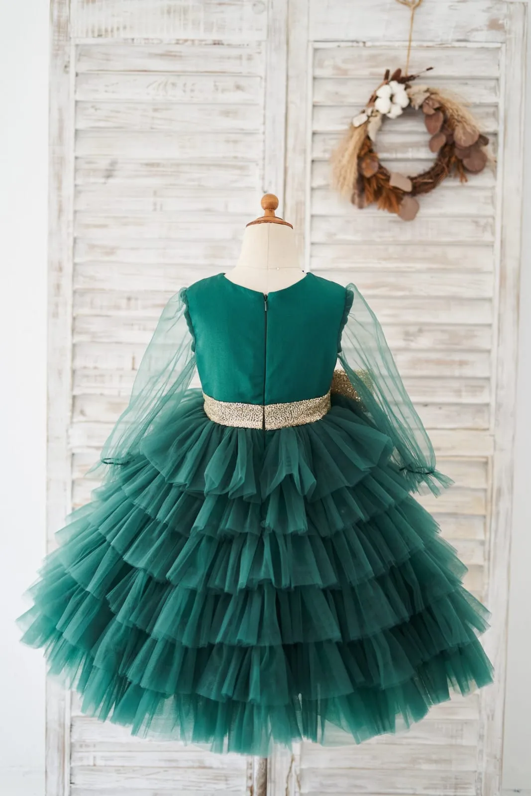 Sheer Long Sleeves Green Tulle Cupcake Wedding Flower Girl Dress Kids Party Dress