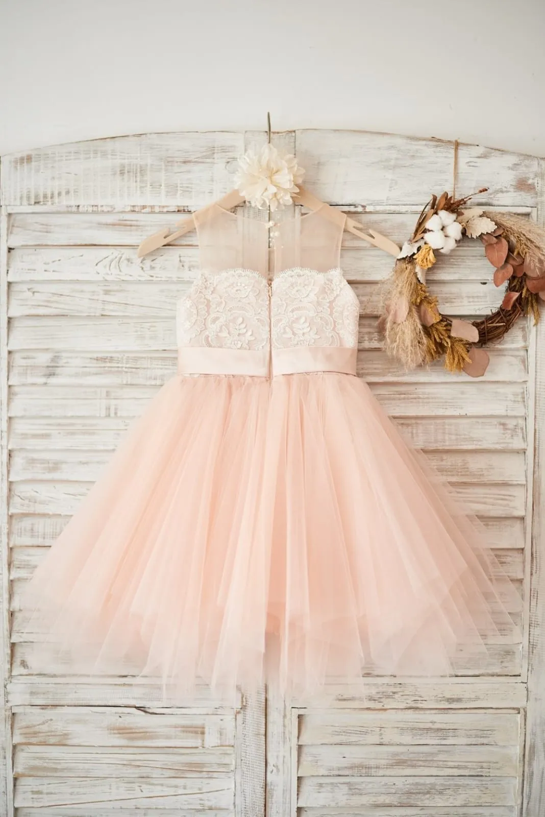 Sheer Neck Peach Pink Tulle Ivory Lace Wedding Flower Girl Dress, Sash