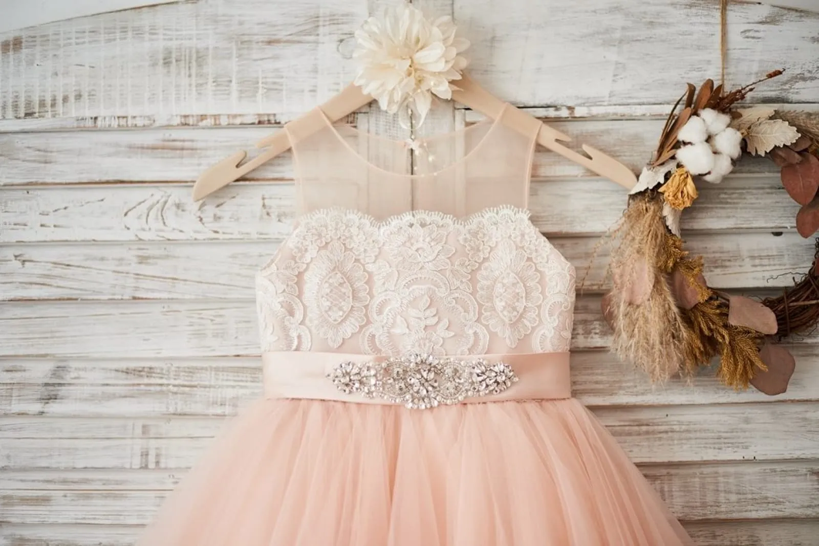 Sheer Neck Peach Pink Tulle Ivory Lace Wedding Flower Girl Dress, Sash