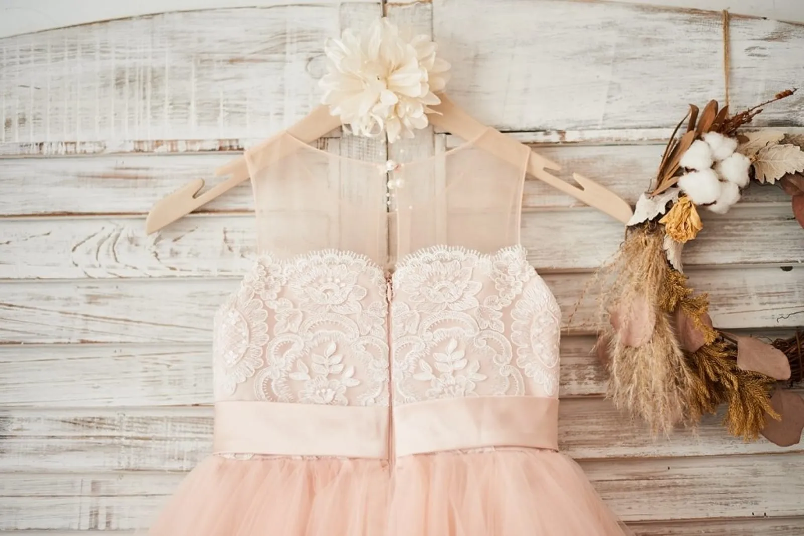 Sheer Neck Peach Pink Tulle Ivory Lace Wedding Flower Girl Dress, Sash