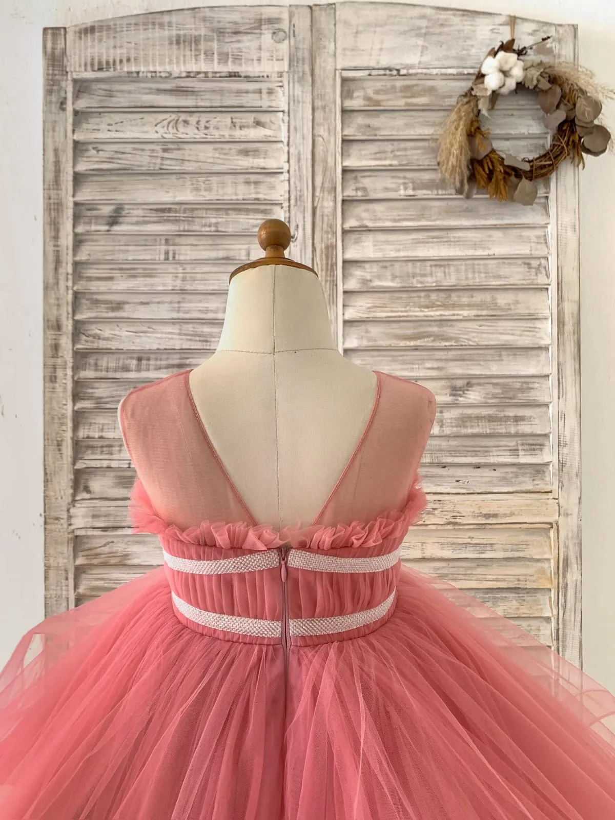Sheer Neck Pleated Mauve Tulle V Back Horsehair Wedding Flower Girl Dress, Bowknot