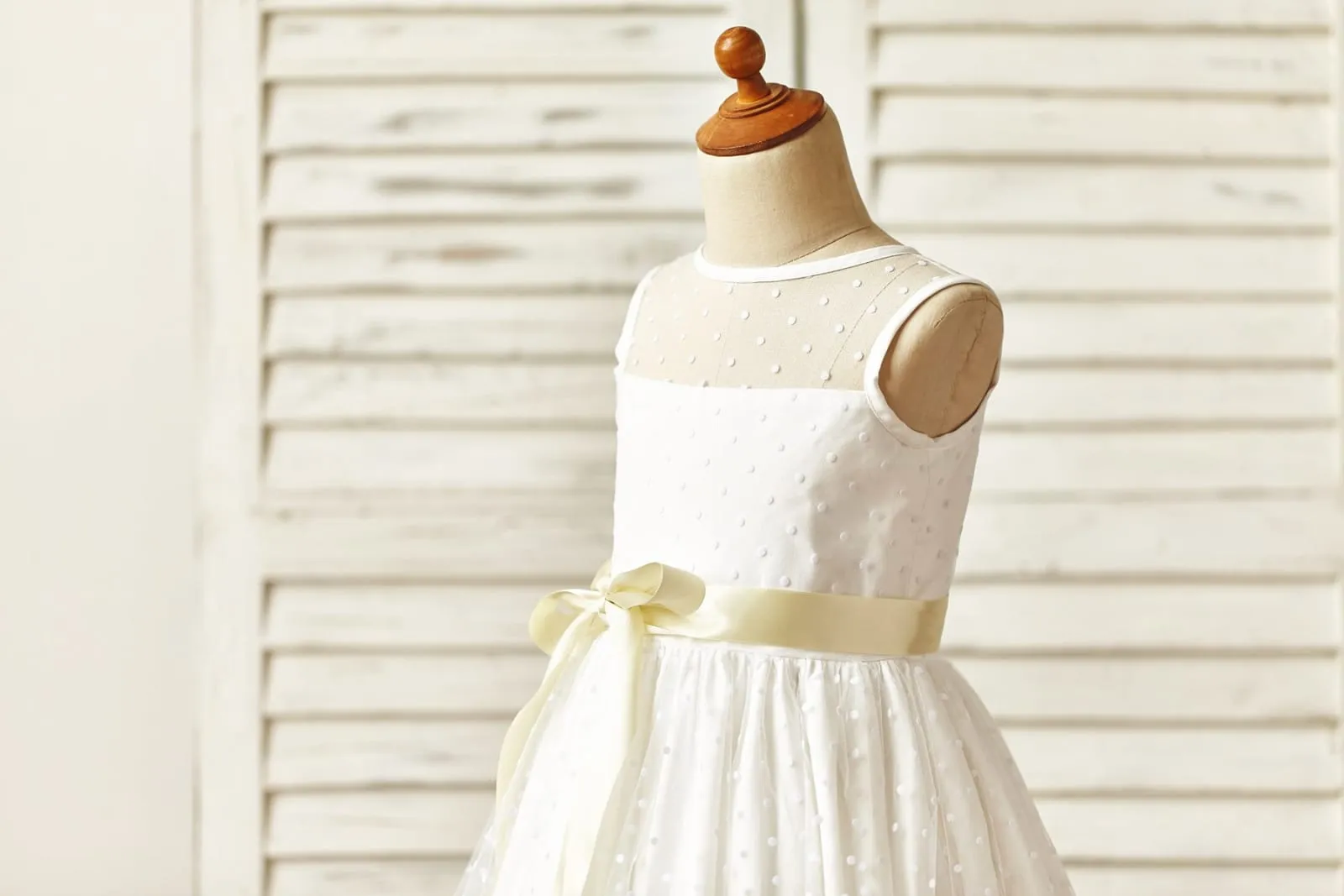 Sheer Neck Polka Dot Tulle Flower Girl Dress, Champagne Sash
