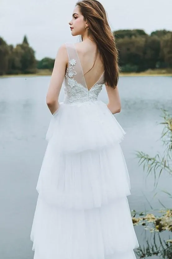 Sheer V-neckline Lace Bride Wedding Dress with Tiered Tulle Skirt