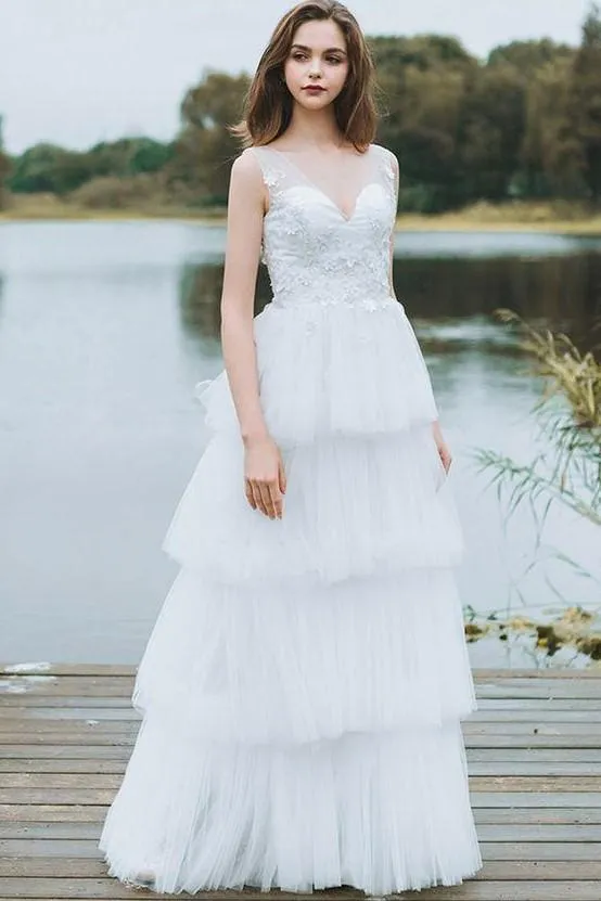 Sheer V-neckline Lace Bride Wedding Dress with Tiered Tulle Skirt