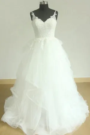 Shimmering Wedding Dress with Lace Straps and Horsehair Trim Skirt