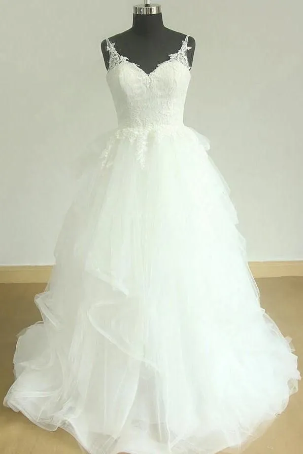 Shimmering Wedding Dress with Lace Straps and Horsehair Trim Skirt