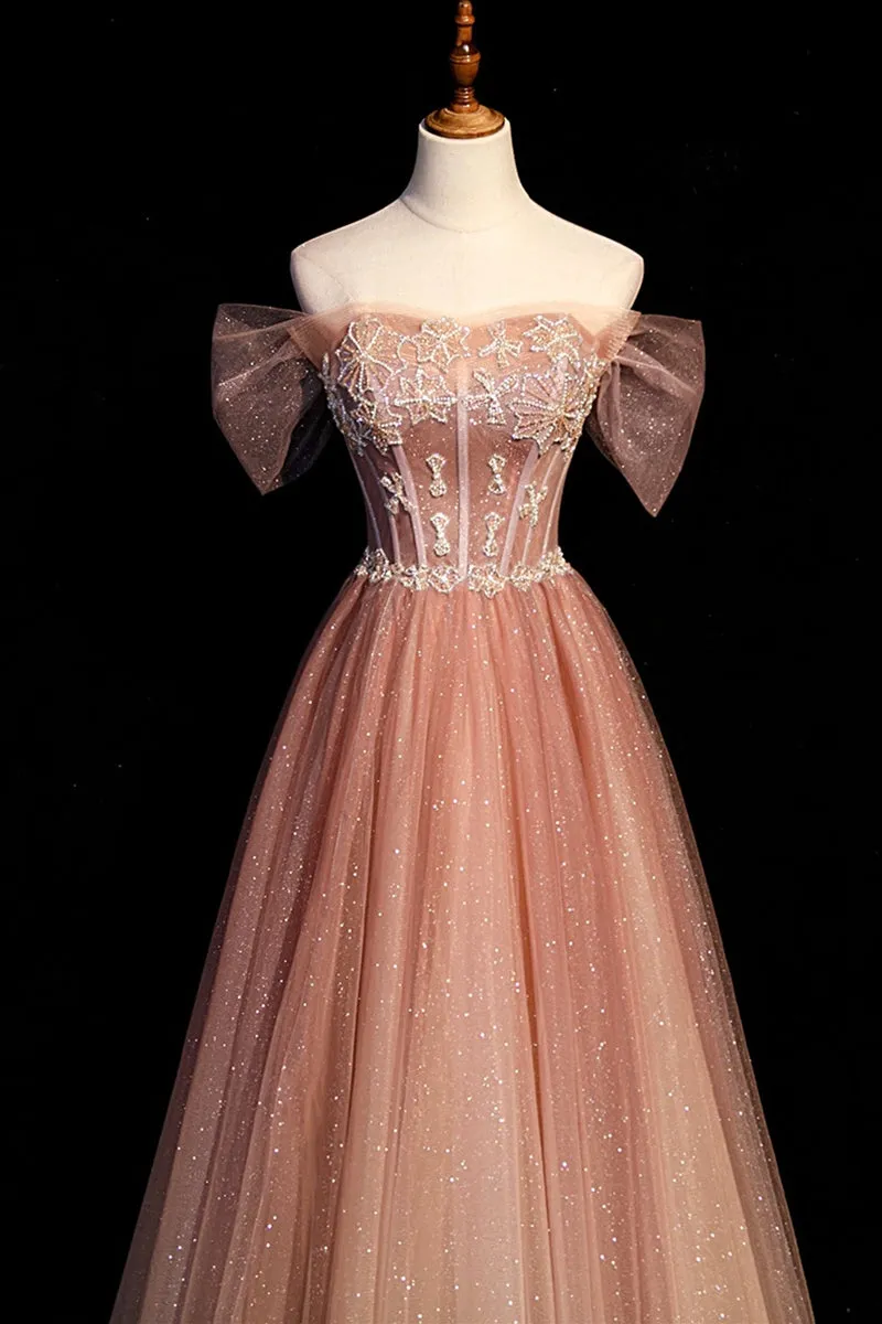 Shiny Peach Off the Shoulder Beaded Long Formal Dress