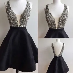 Short black mismatched open back sexy freshman homecoming prom dress,BD0050
