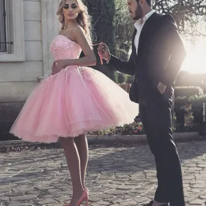 short prom ball gown vestido de graduacion lace appliqué pink puffy prom dresses vestido de festa