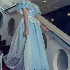 short sleeve blue prom dresses long lace appliqué elegant vintage arabic prom gown robe de soiree