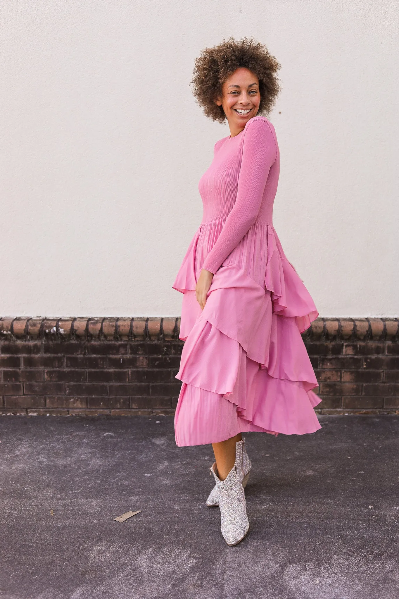 Silky Pleated Ruffle Dress