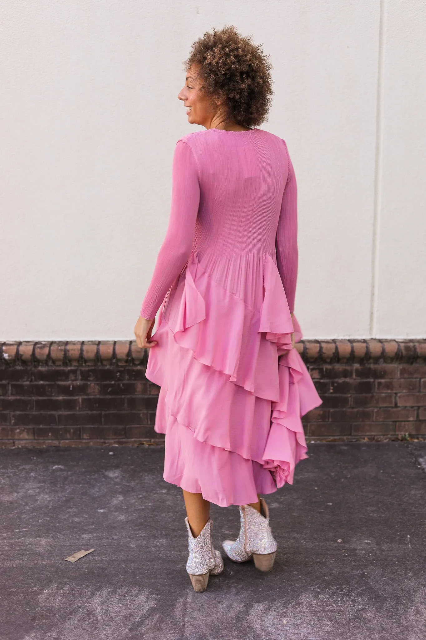 Silky Pleated Ruffle Dress