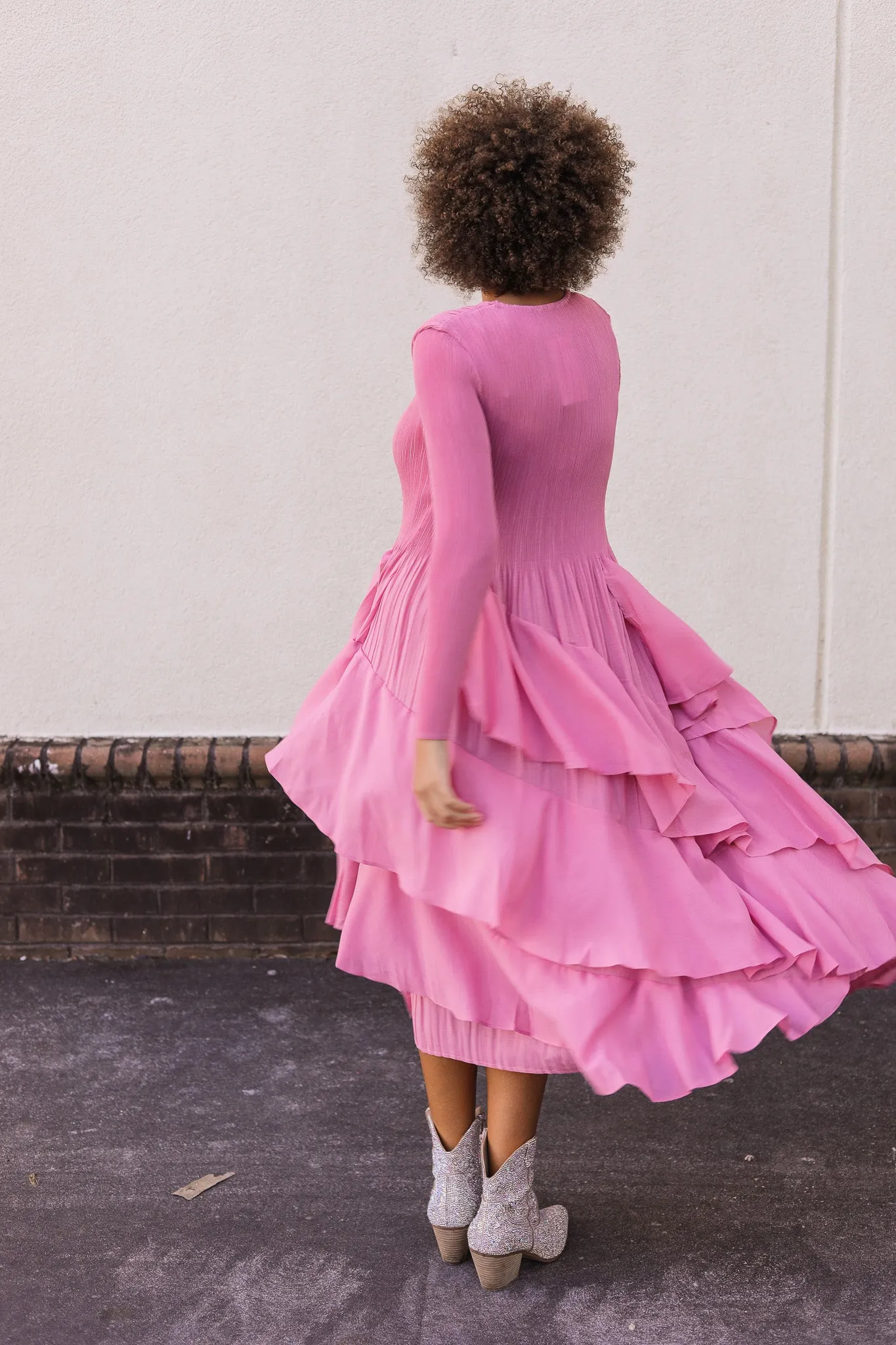 Silky Pleated Ruffle Dress