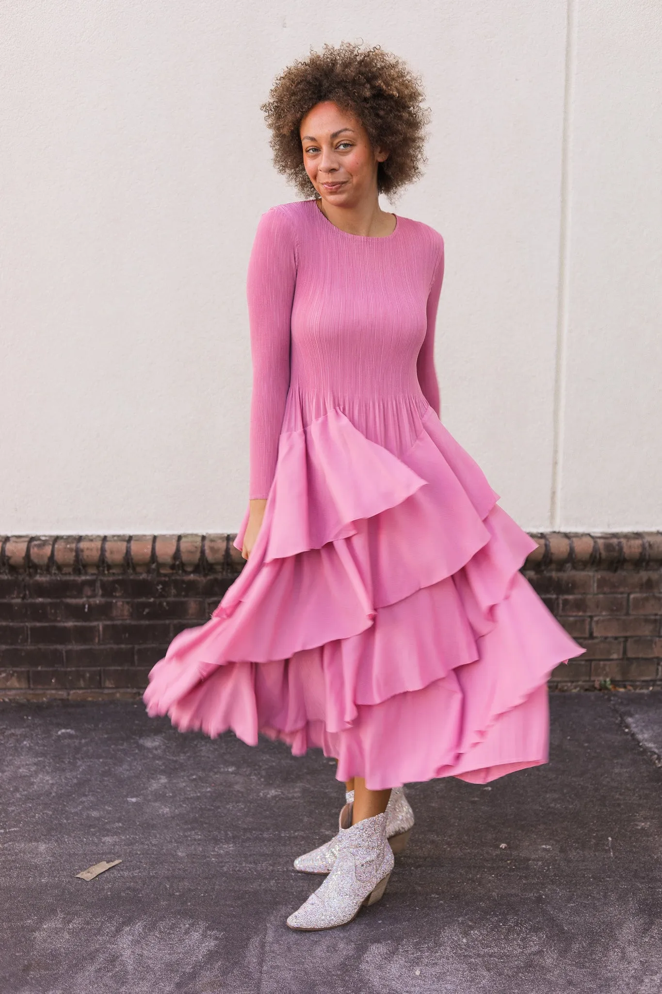 Silky Pleated Ruffle Dress