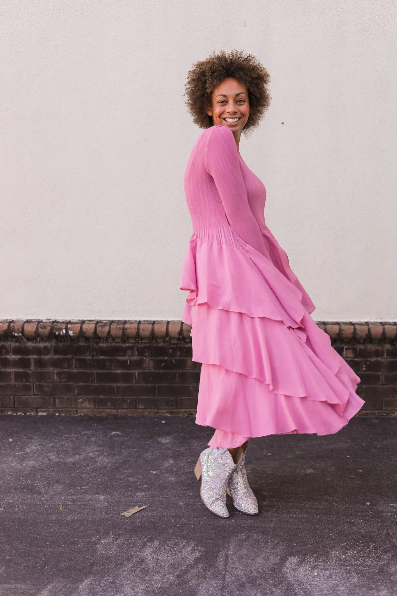 Silky Pleated Ruffle Dress