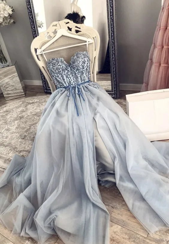 silver blue prom dresses sweetheart neck beaded elegant tulle a line prom gown with side slit