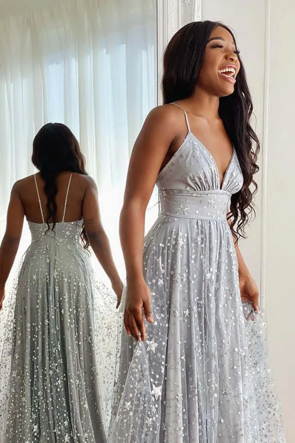 Silver Tulle A-line Spaghetti Straps Long Prom Dresses With Side Split, MP789
